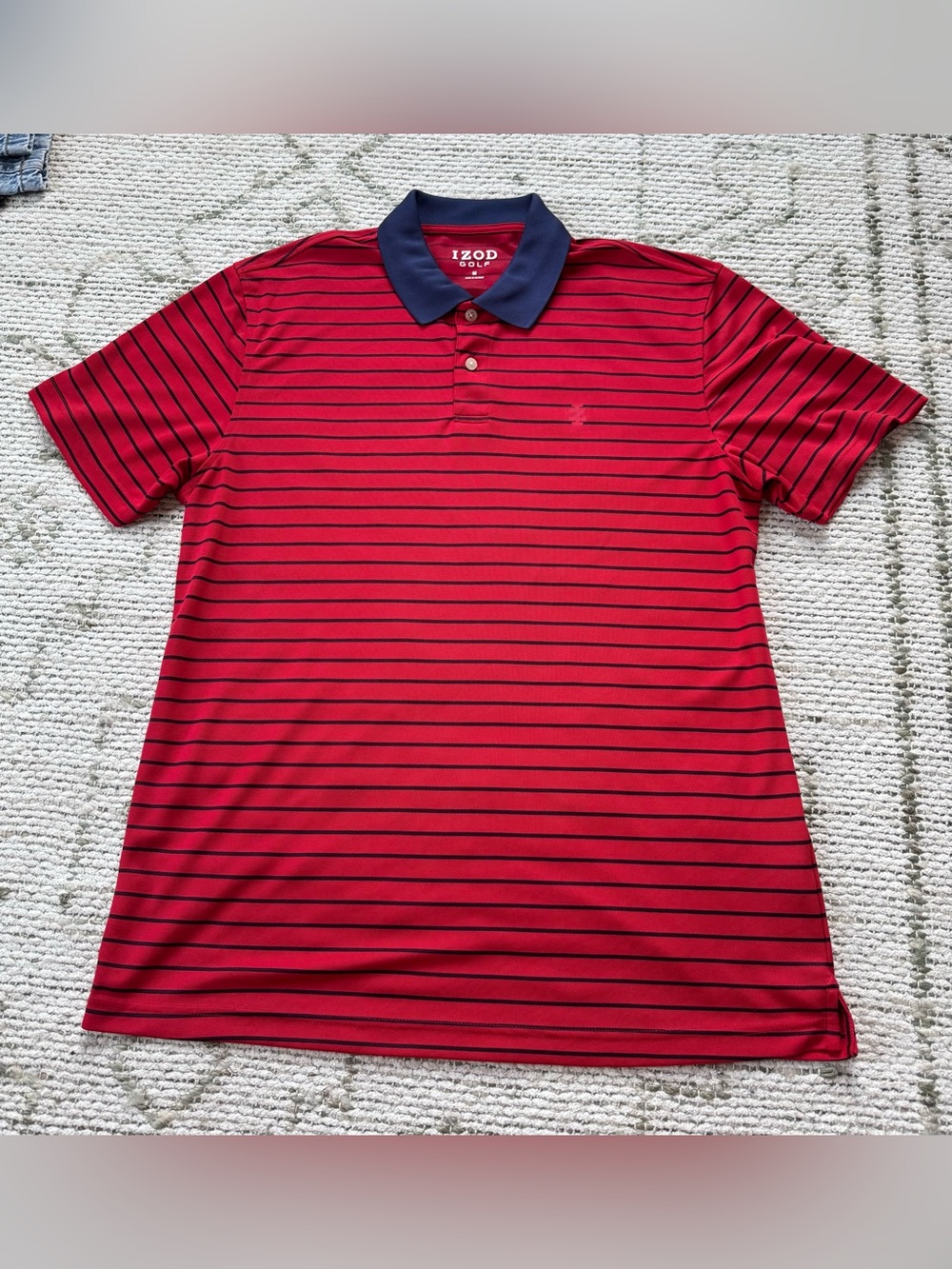 Izod Red Polo with Navy Striped Pattern and Navy Collar Golf